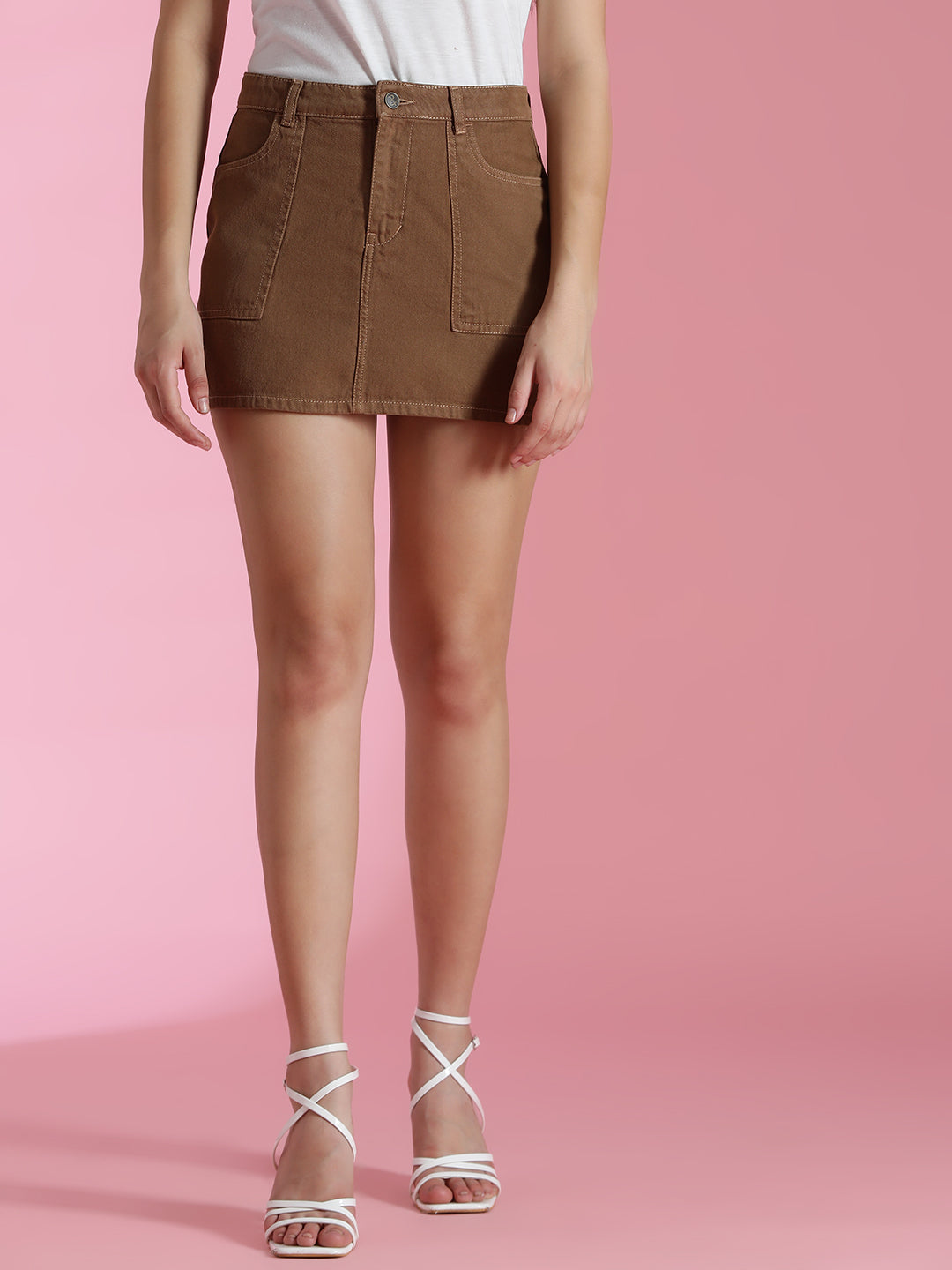 Women's Brown Cotton Washed Skirts