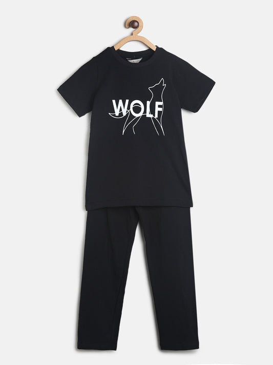 Boys Black Printed Night Suit