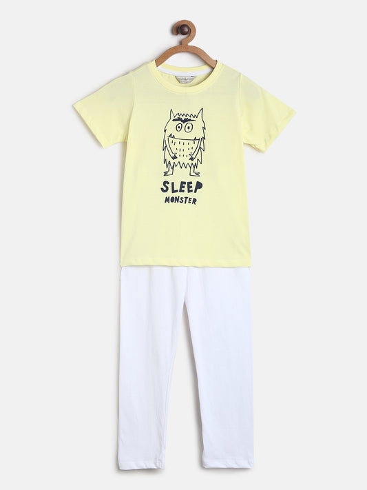 Boys Yellow & White Printed Cotton Night Suit