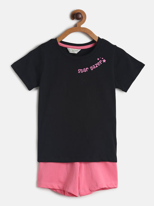 Girls Black&Pink Cotton Night Suit