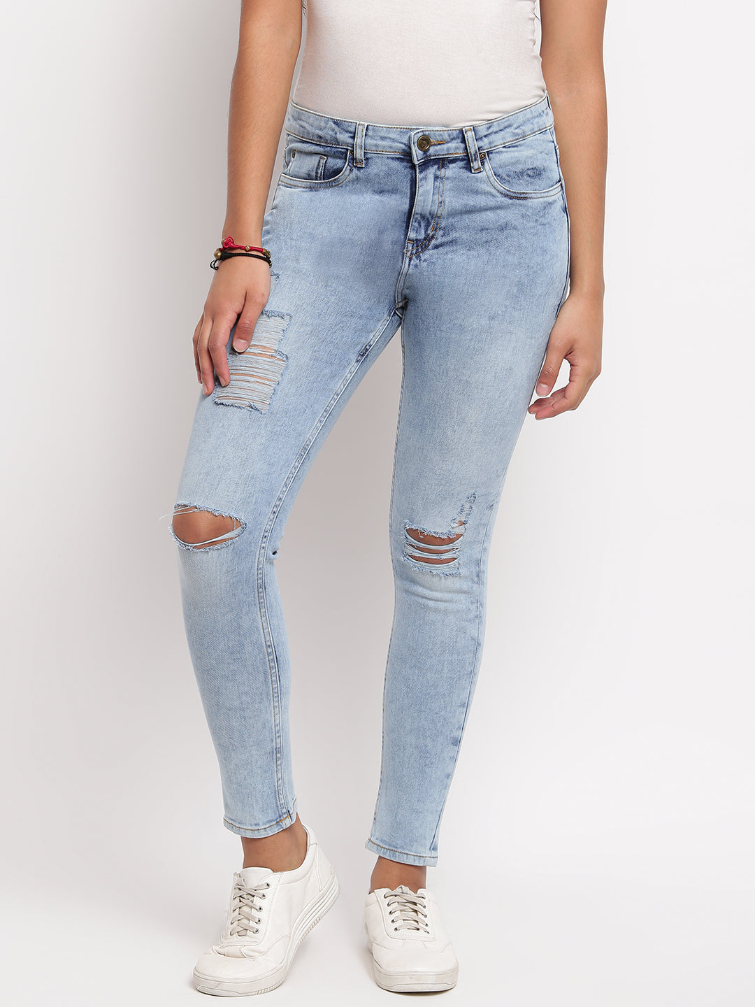 Women Light Blue Skinny Fit Distressed Denim Jeans