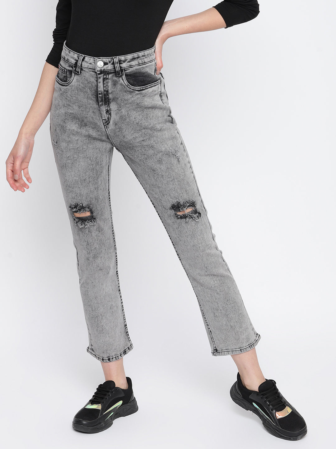 Women Slim Fit Grey Distressed Denim Jeans