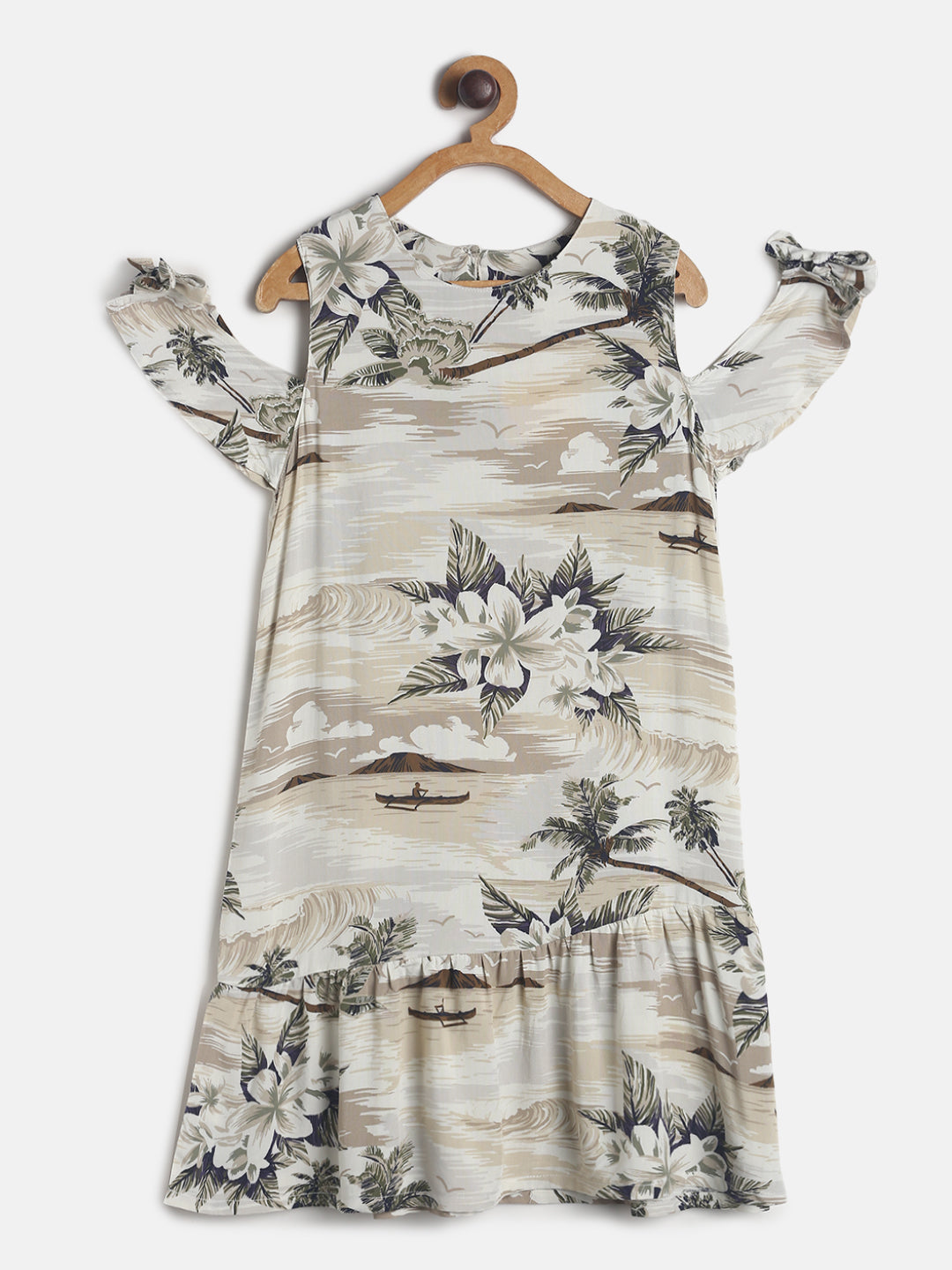 Girls Beige Floral Printed Dress
