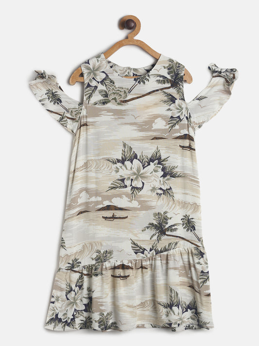 Girls Beige Floral Printed Dress
