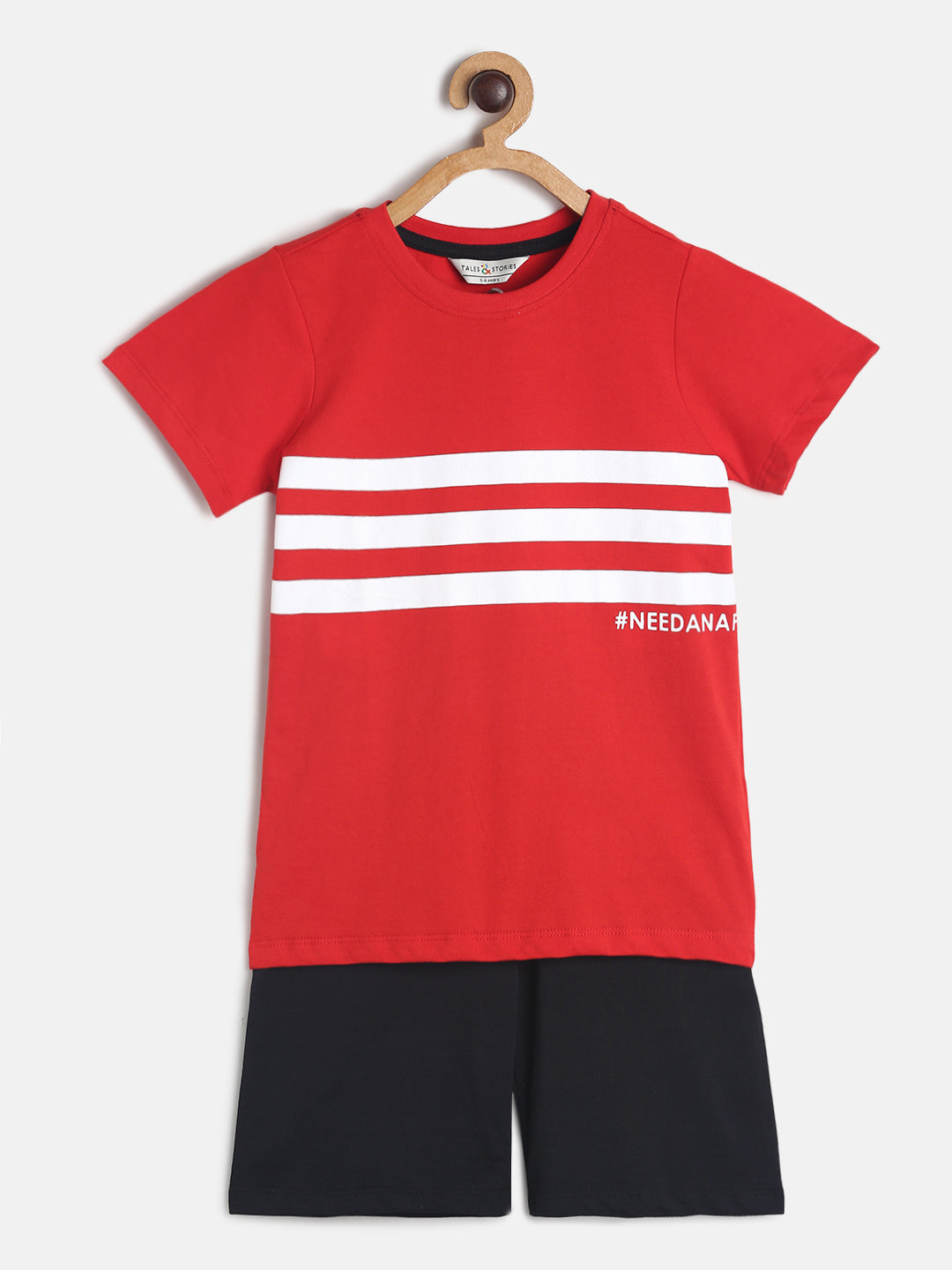 Boys Red & Black Printed Cotton Night Suit