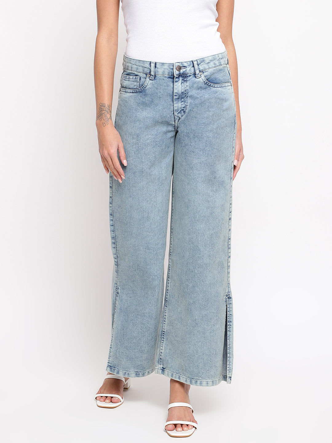 Women Light Blue Split Flared Jeans
