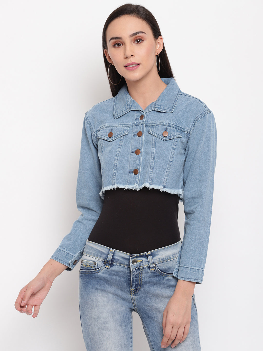 Women Light Blue Cropped Denim Jacket