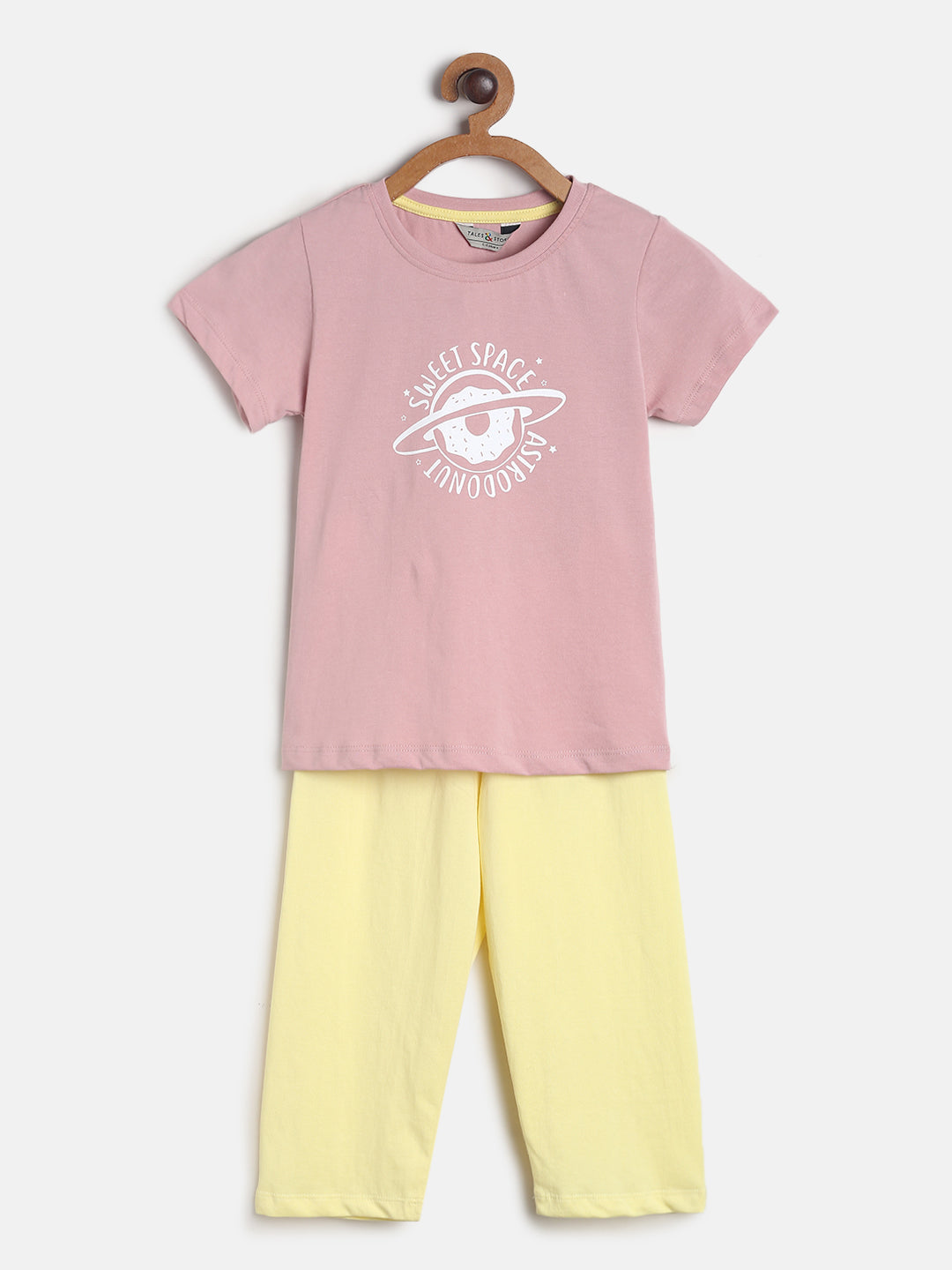 Girls Pink & Yellow Cotton Night Suit