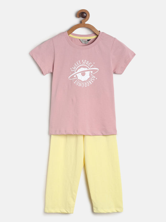 Girls Pink & Yellow Cotton Night Suit