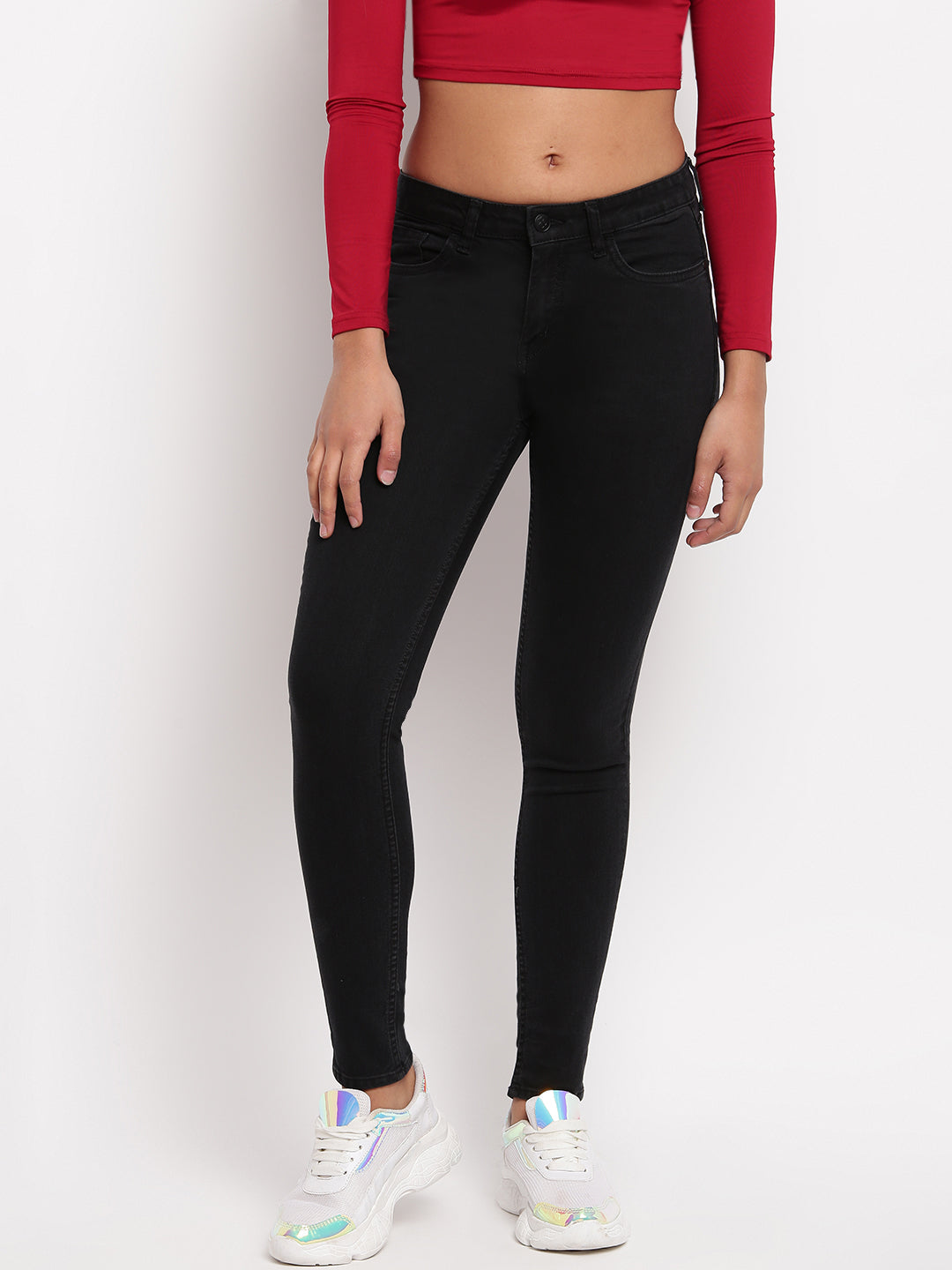 Women Black Skinny Fit Mid Waist Denim Jeans