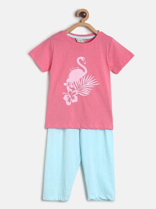 Girls Pink & Sky Blue Cotton Night Suit