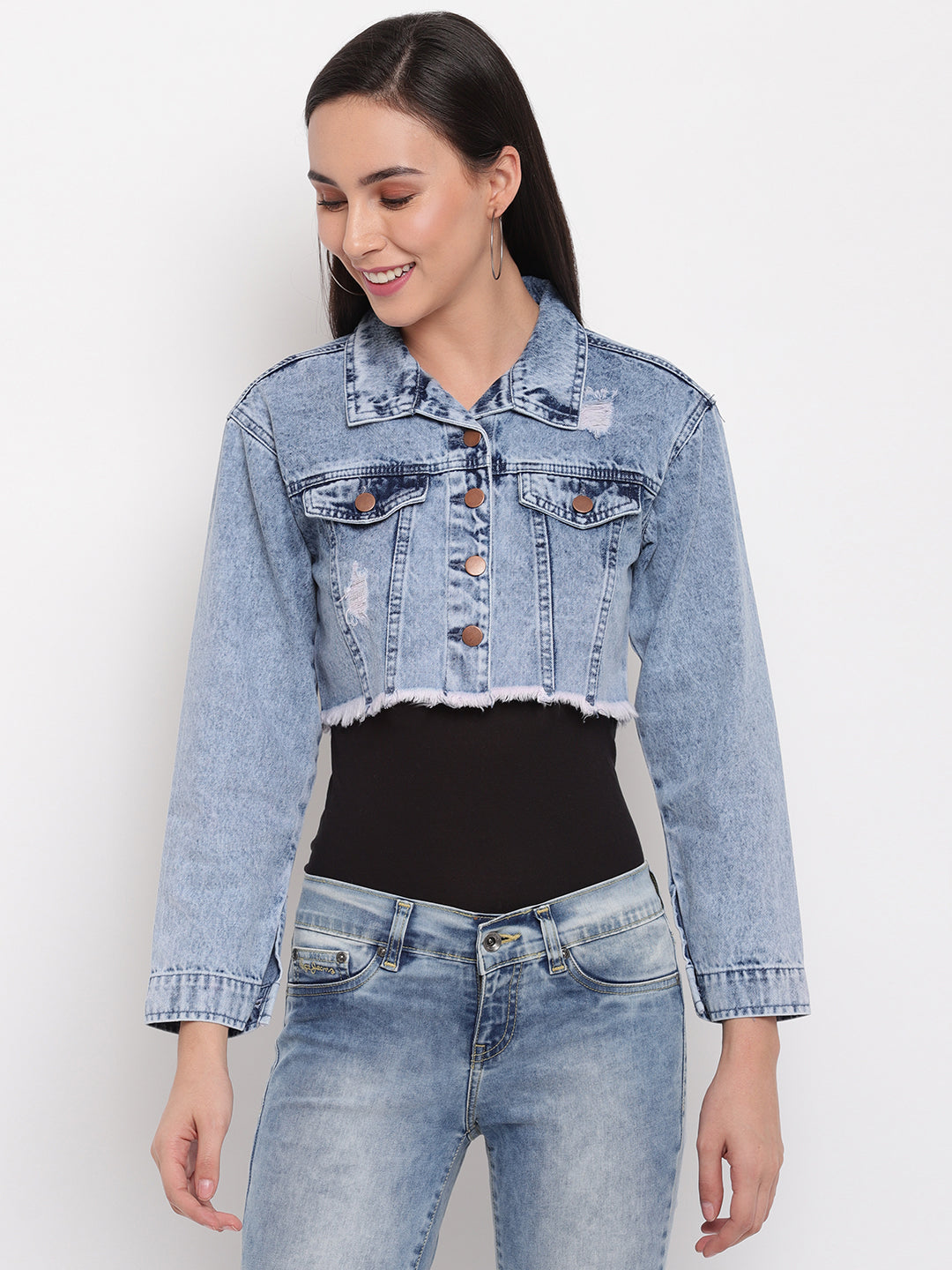Women Light Blue Fray Hem Cropped Denim Jacket
