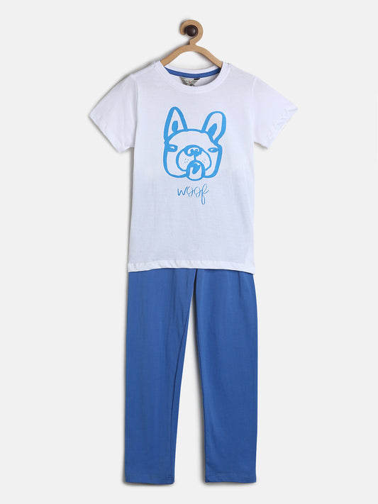 Boys White & Blue Printed Cotton Night Suit
