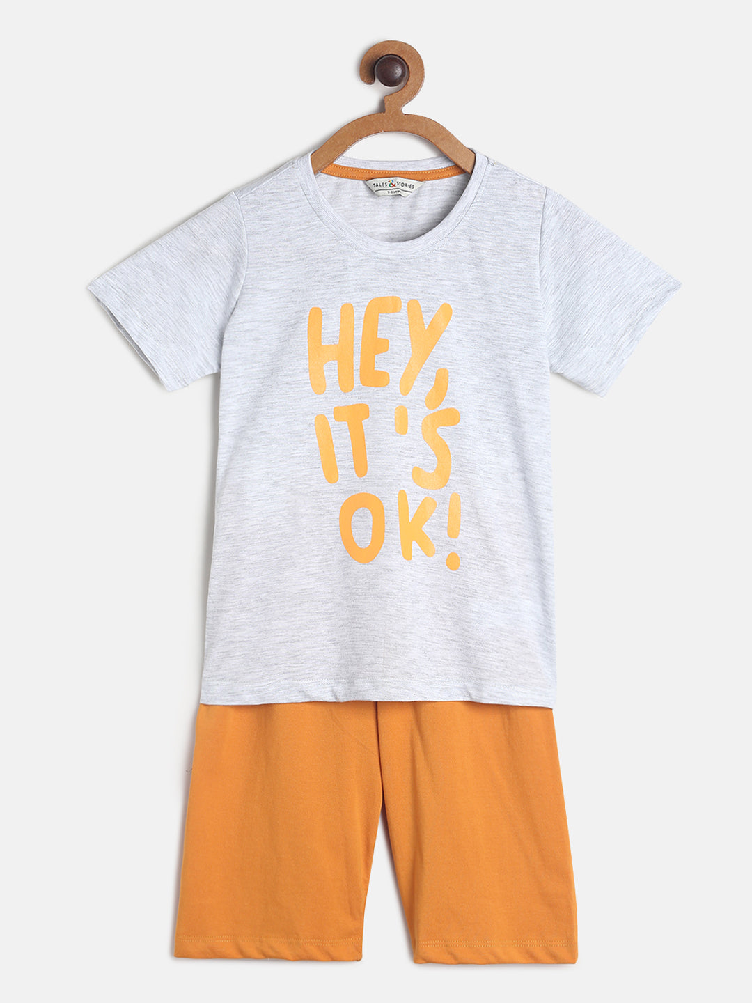 Boys Light Grey & Orange Printed Cotton Night Suit