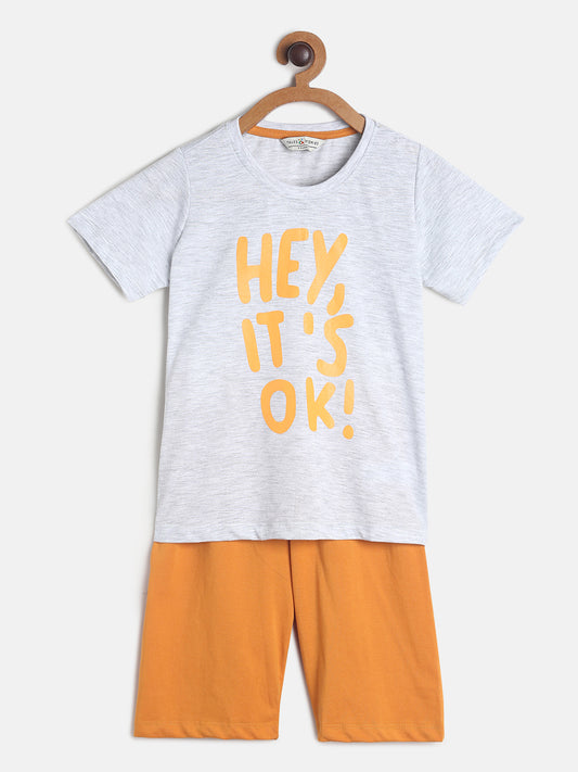 Boys Light Grey & Orange Printed Cotton Night Suit