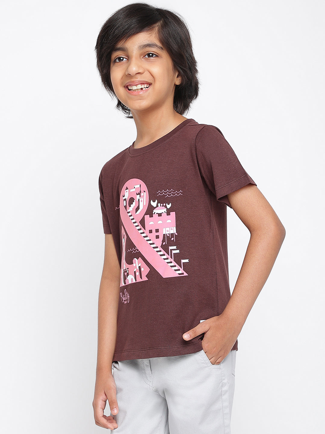 Boys Brown Printed Cotton T-shirt