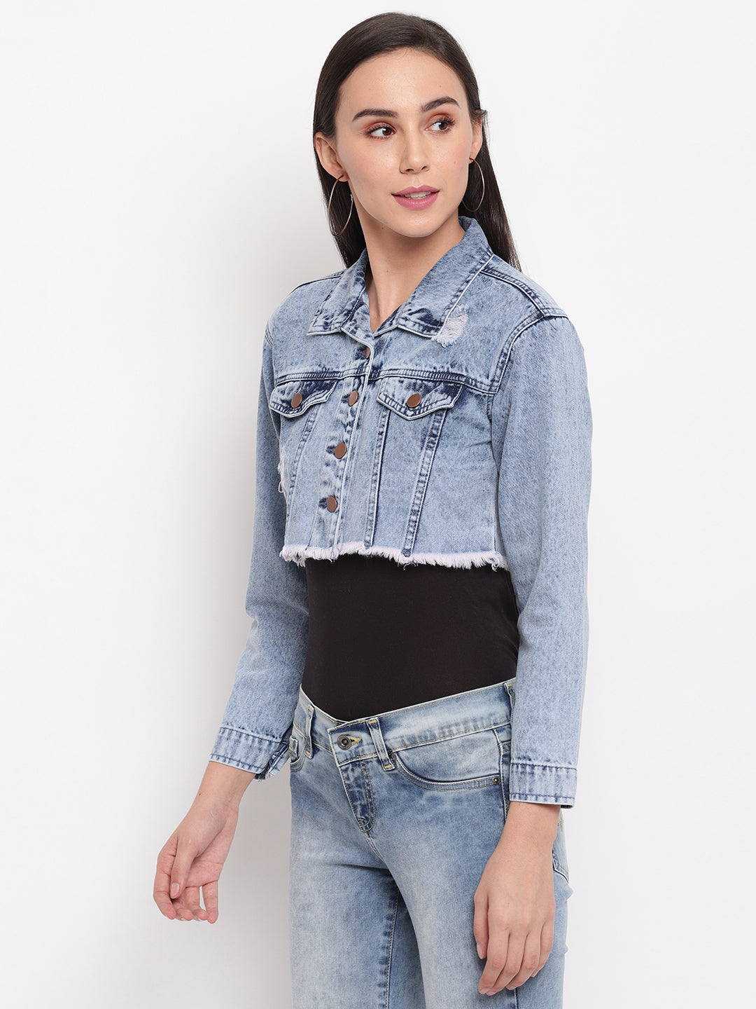 Women Light Blue Fray Hem Cropped Denim Jacket