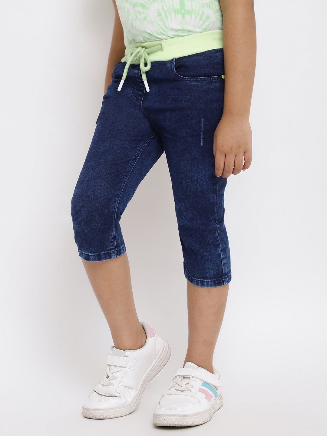 GIRLS SLIM FIT DARK BLUE CAPRI WITH LIME GREEN WAISTBAND