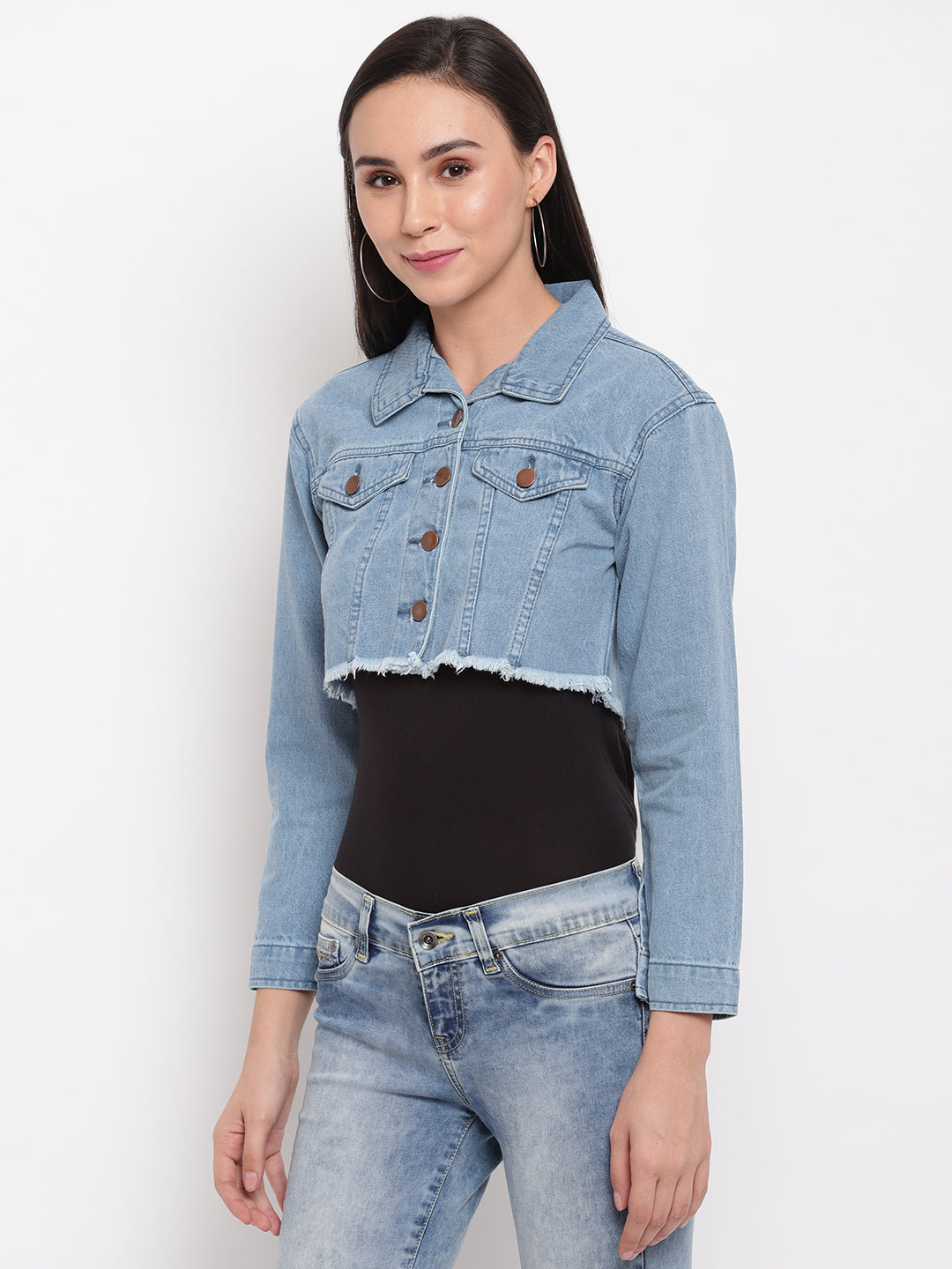 Women Light Blue Cropped Denim Jacket