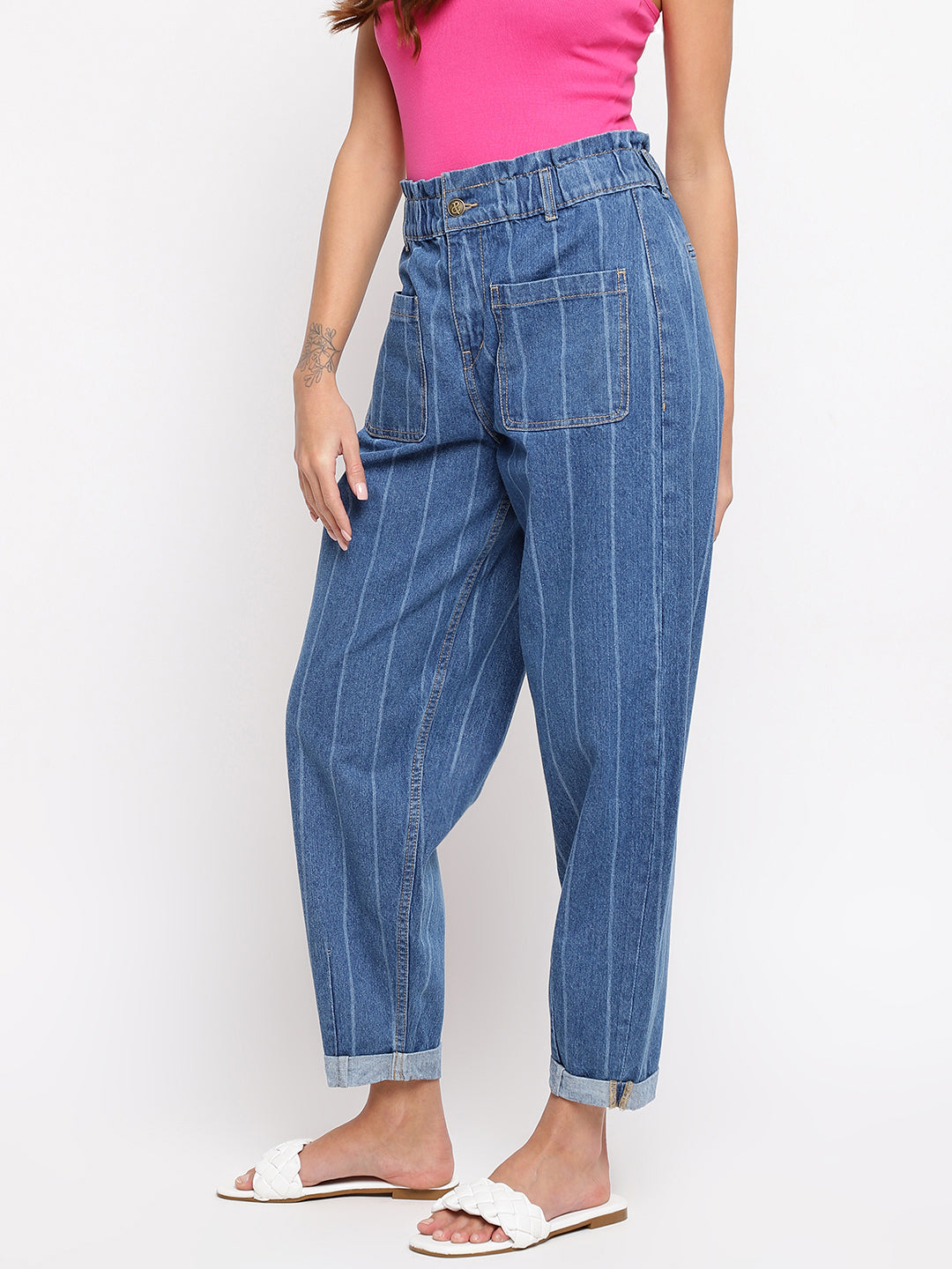 Women Striped Denim Mom Fit Jeans