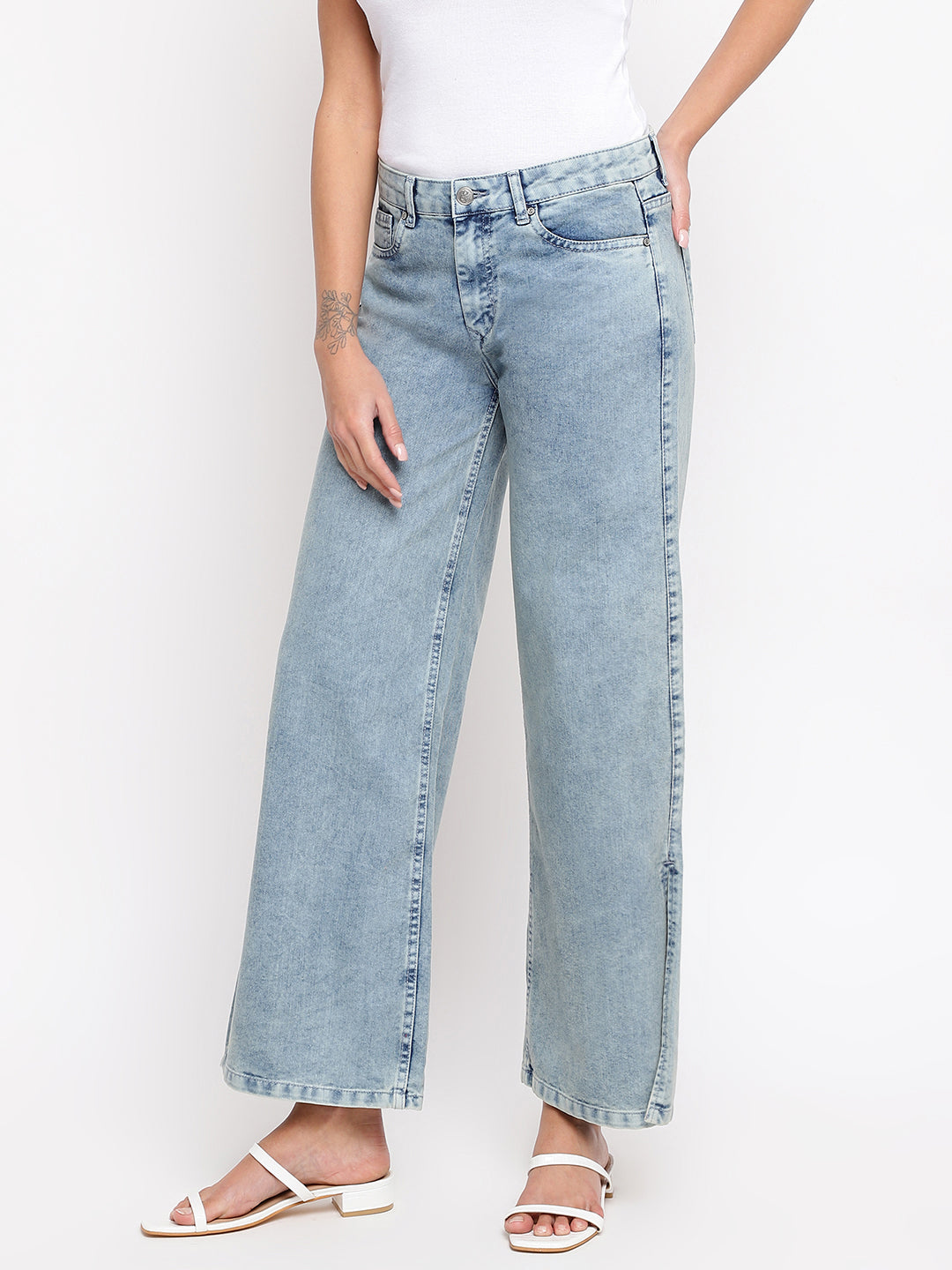Women Light Blue Split Flared Jeans