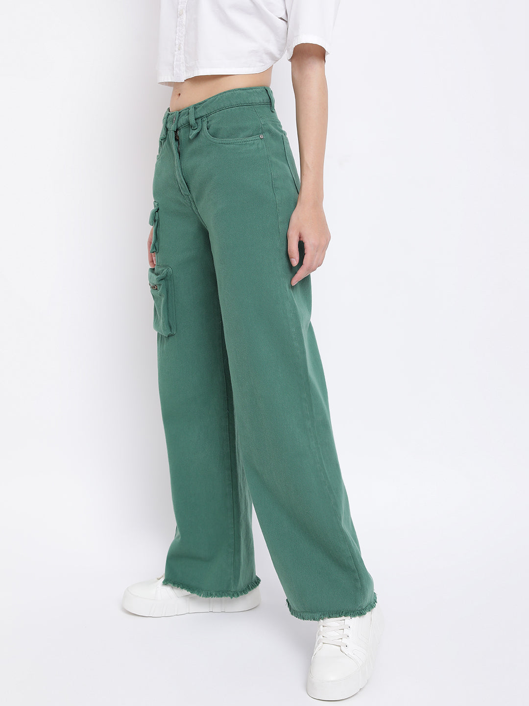 Women Pine Green Denim Cargo
