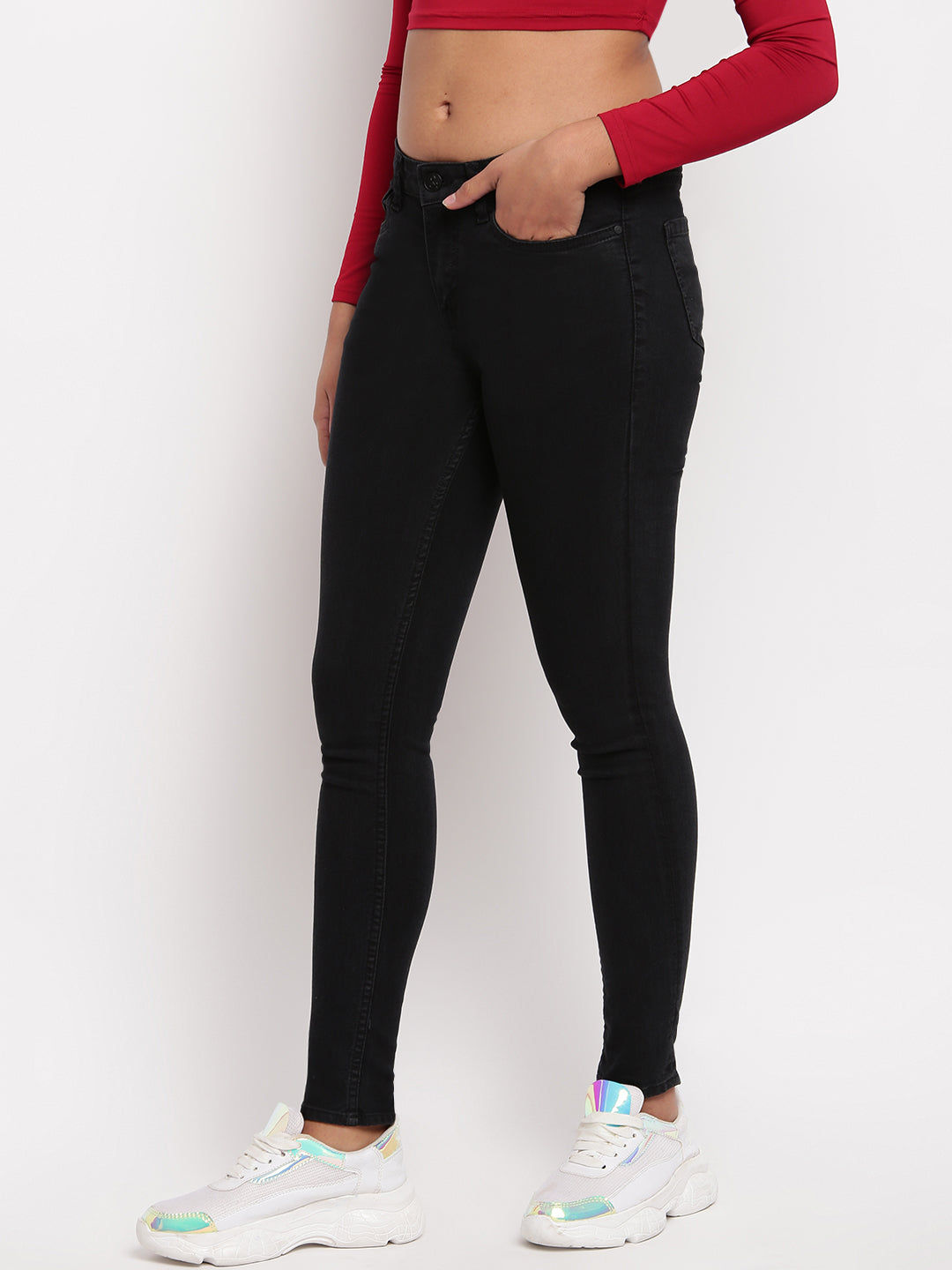 Women Black Skinny Fit Mid Waist Denim Jeans