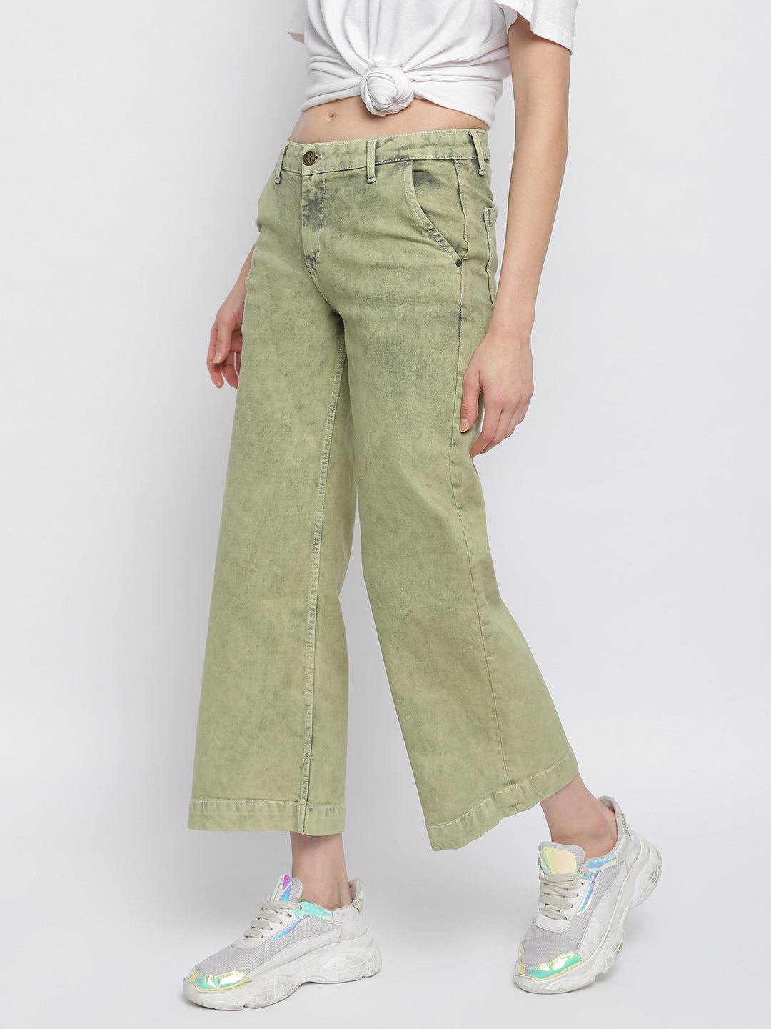 Women Olive Flared Denim Jeans