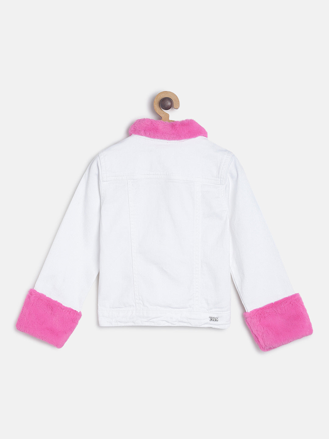 Girls Regular White Denim Jacket With Fur