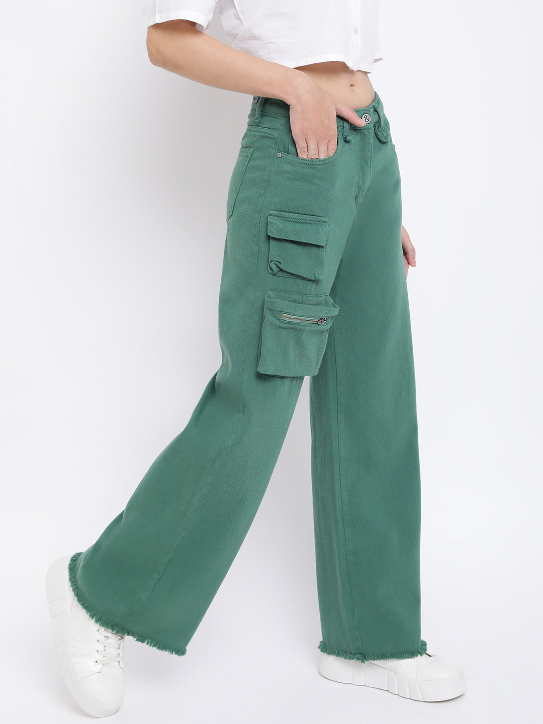 Women Pine Green Denim Cargo
