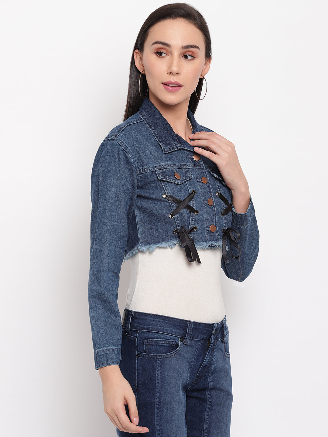 Women Dark Blue Cropped Denim Jacket