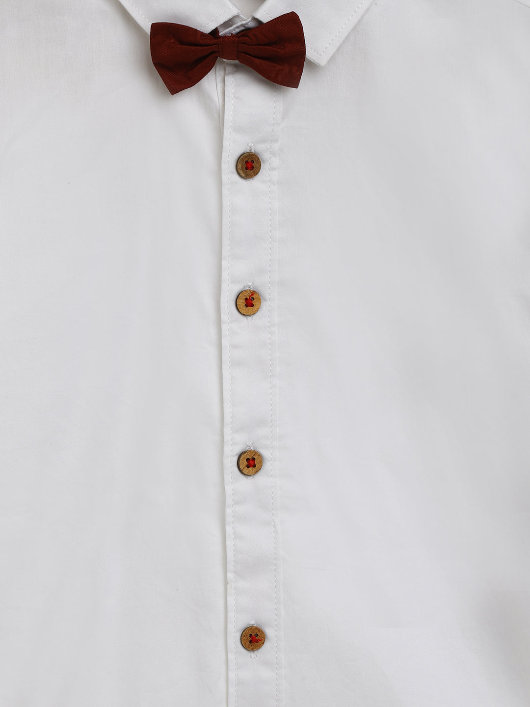 Boys White Cotton Solid Party Shirt with Attached Bow Tie