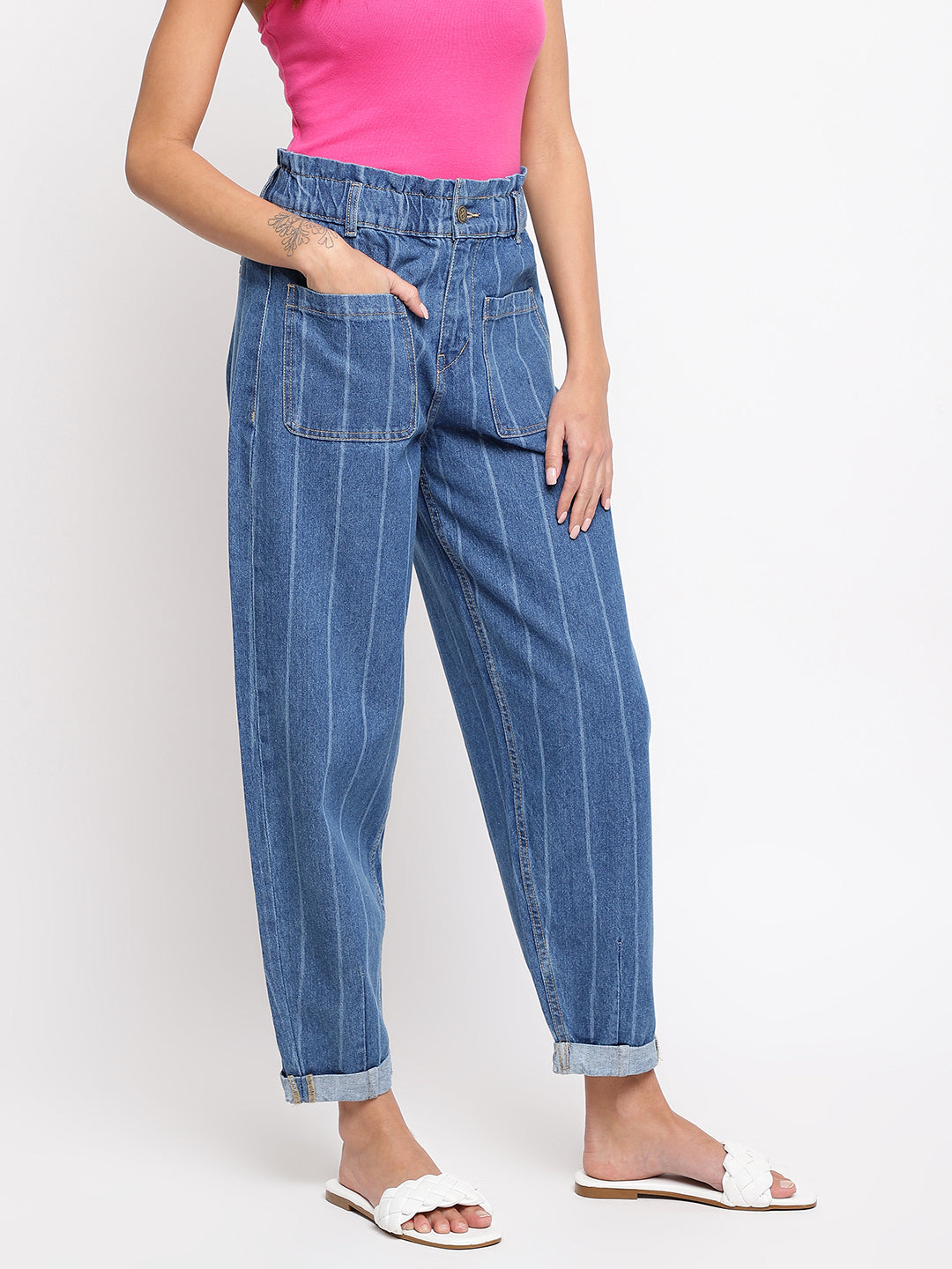 Women Striped Denim Mom Fit Jeans