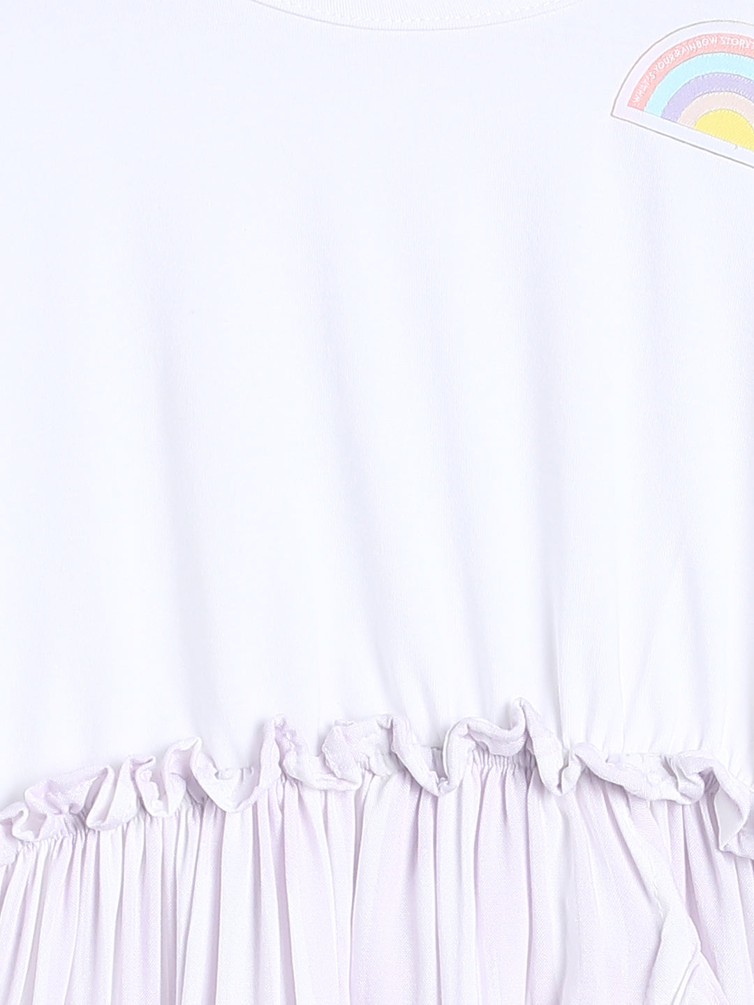 Girls White Cotton Dress With Rainbow Patch
