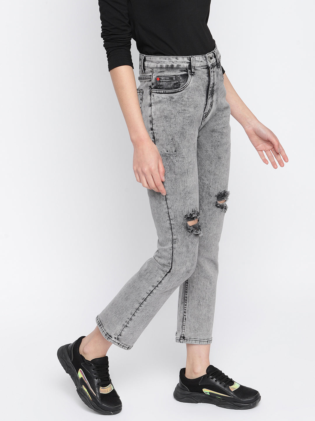 Women Slim Fit Grey Distressed Denim Jeans