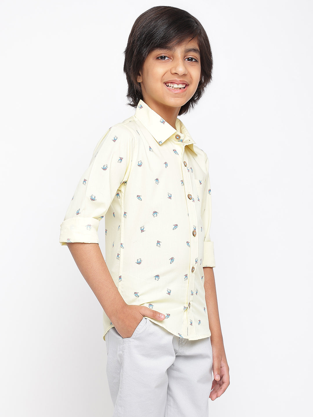 Boys Light Yellow Printed Shirt