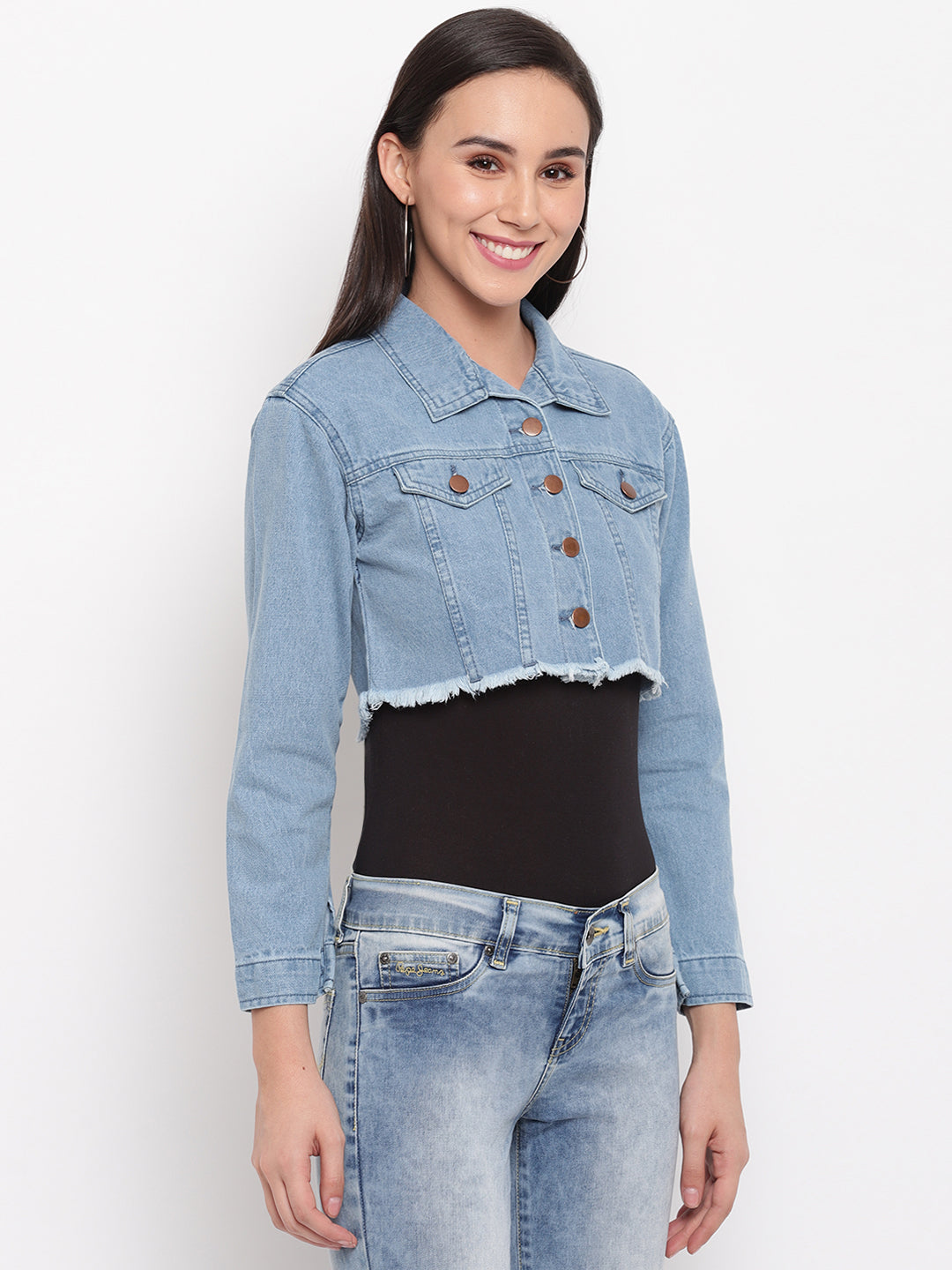 Women Light Blue Cropped Denim Jacket