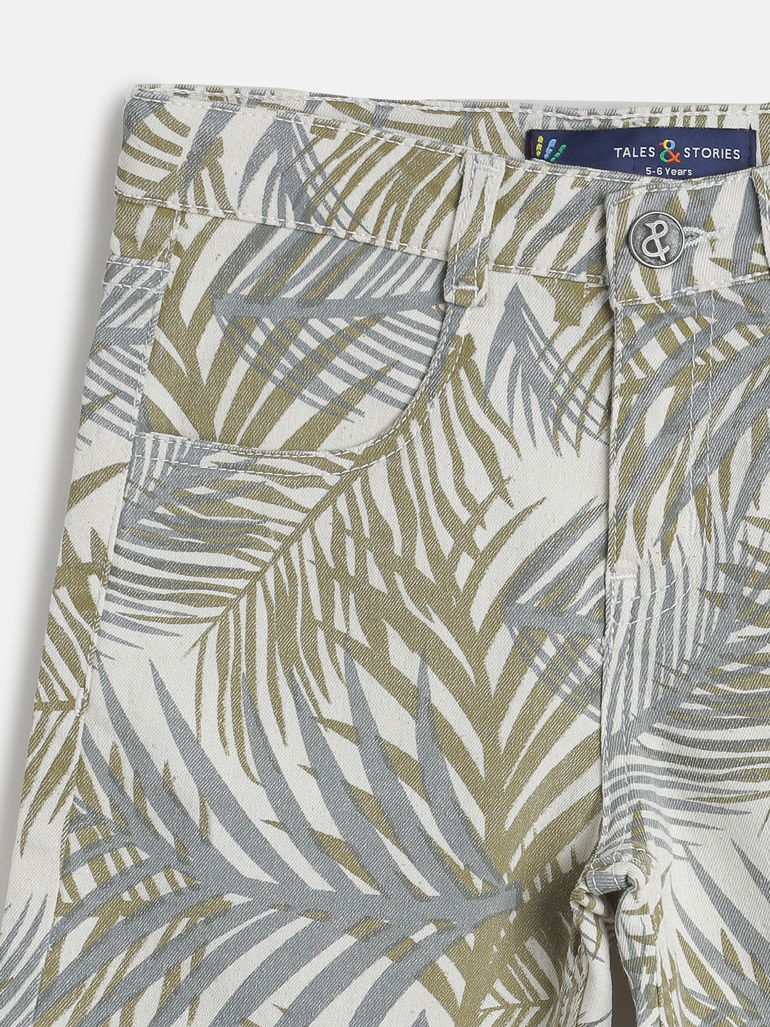 Boys Olive Regular Fit Leaf Printed Shorts
