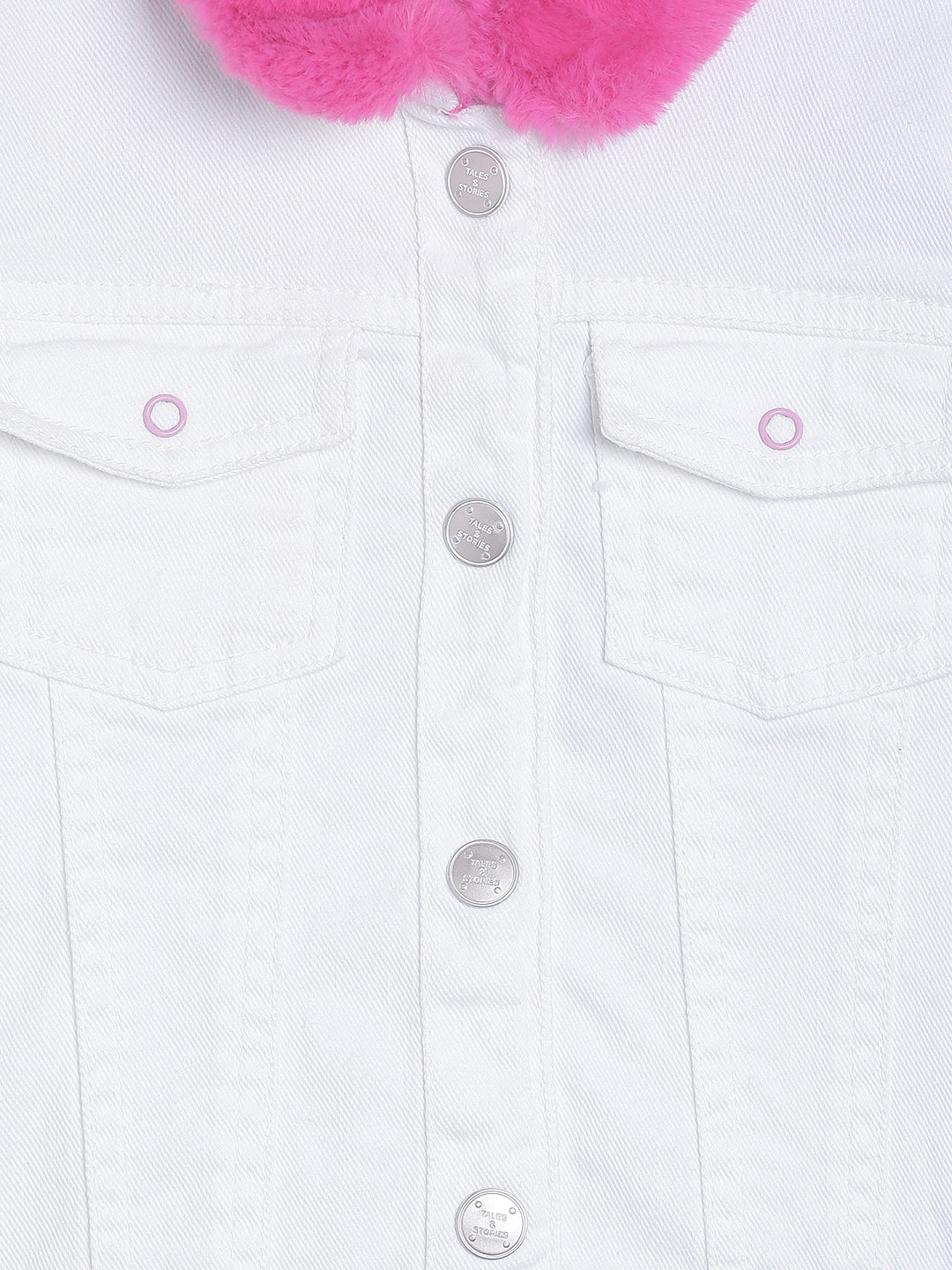 Girls Regular White Denim Jacket With Fur