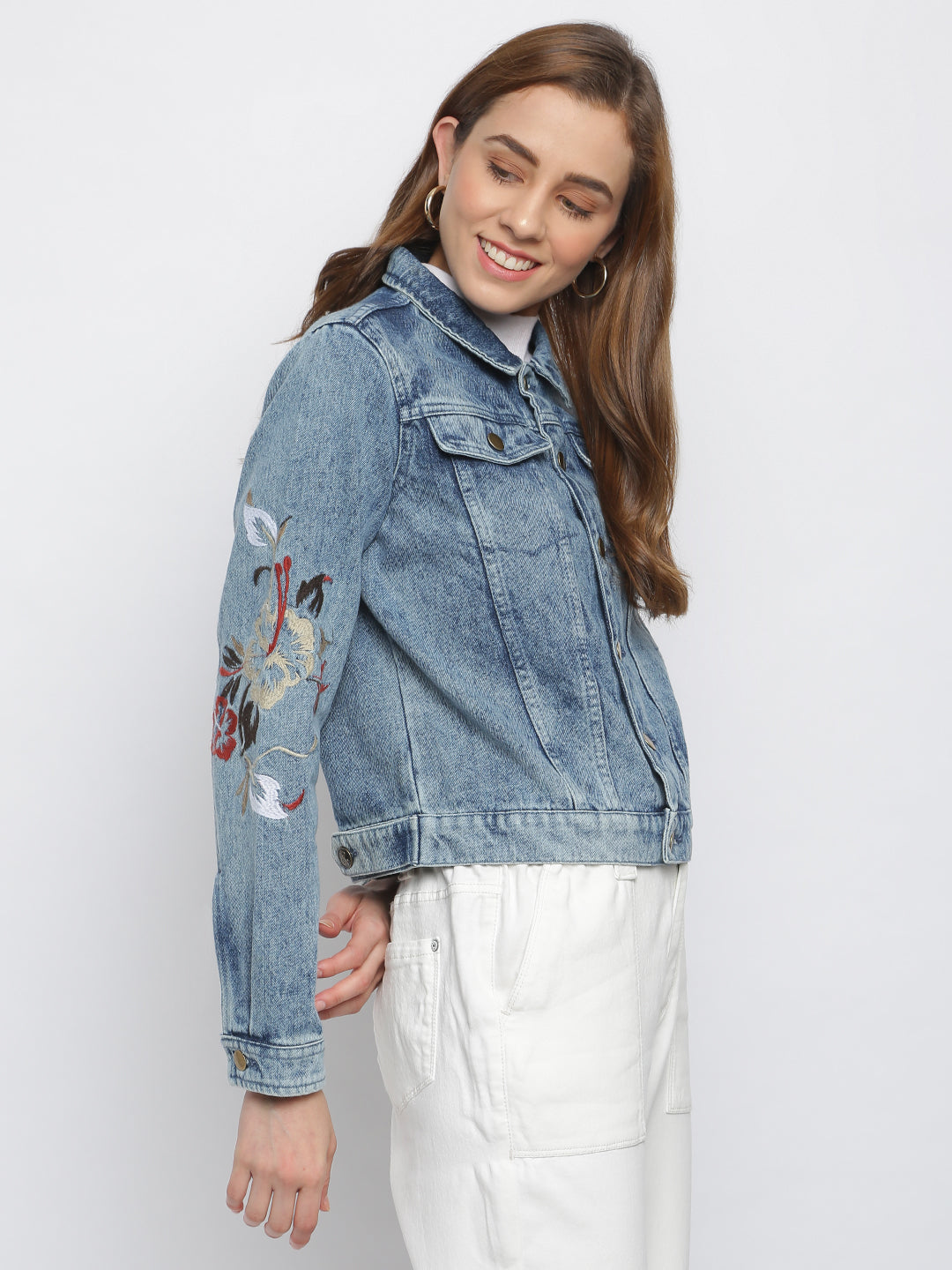 Women Mid-Blue Printed Denim Jacket