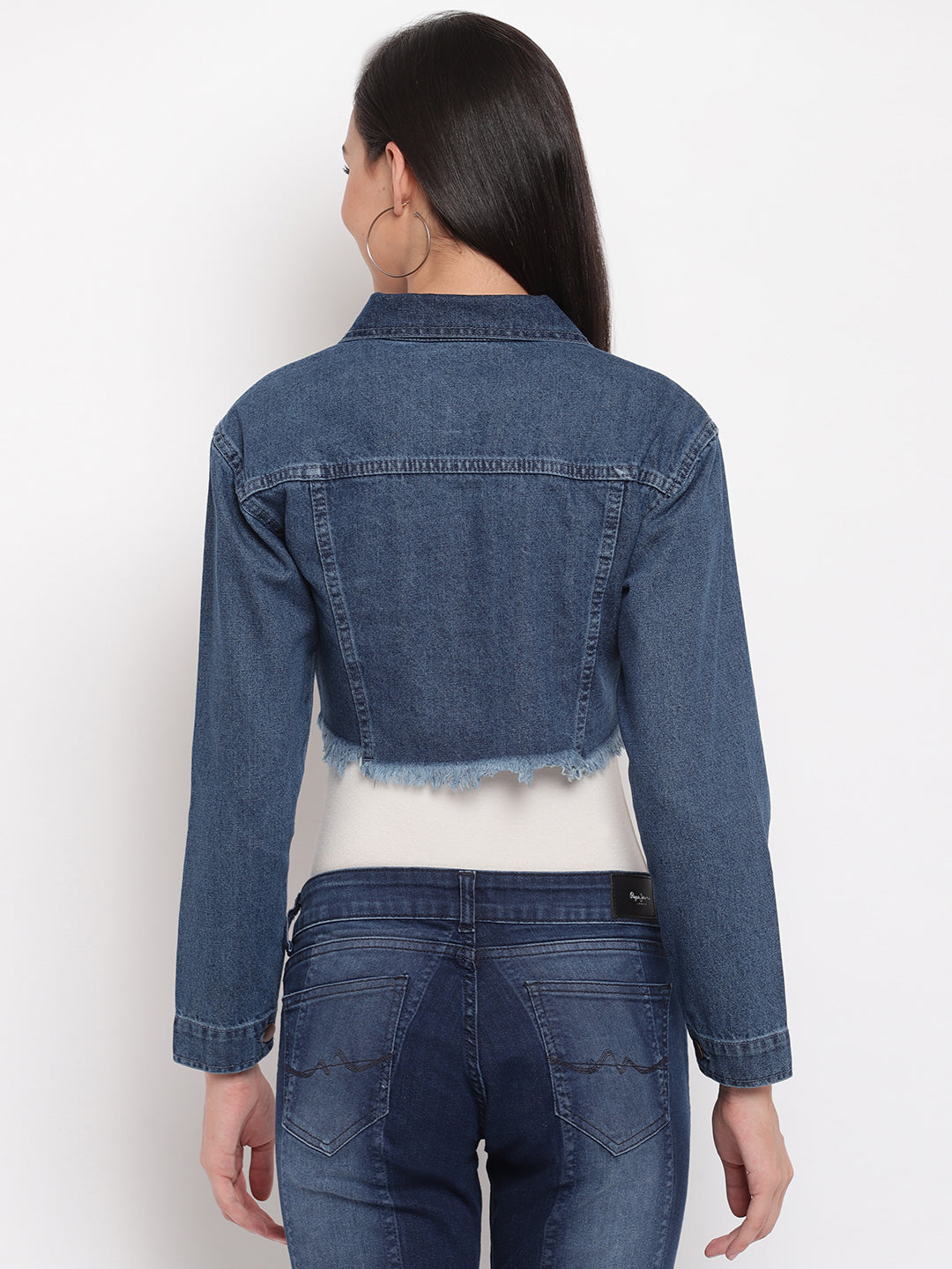 Women Dark Blue Cropped Denim Jacket