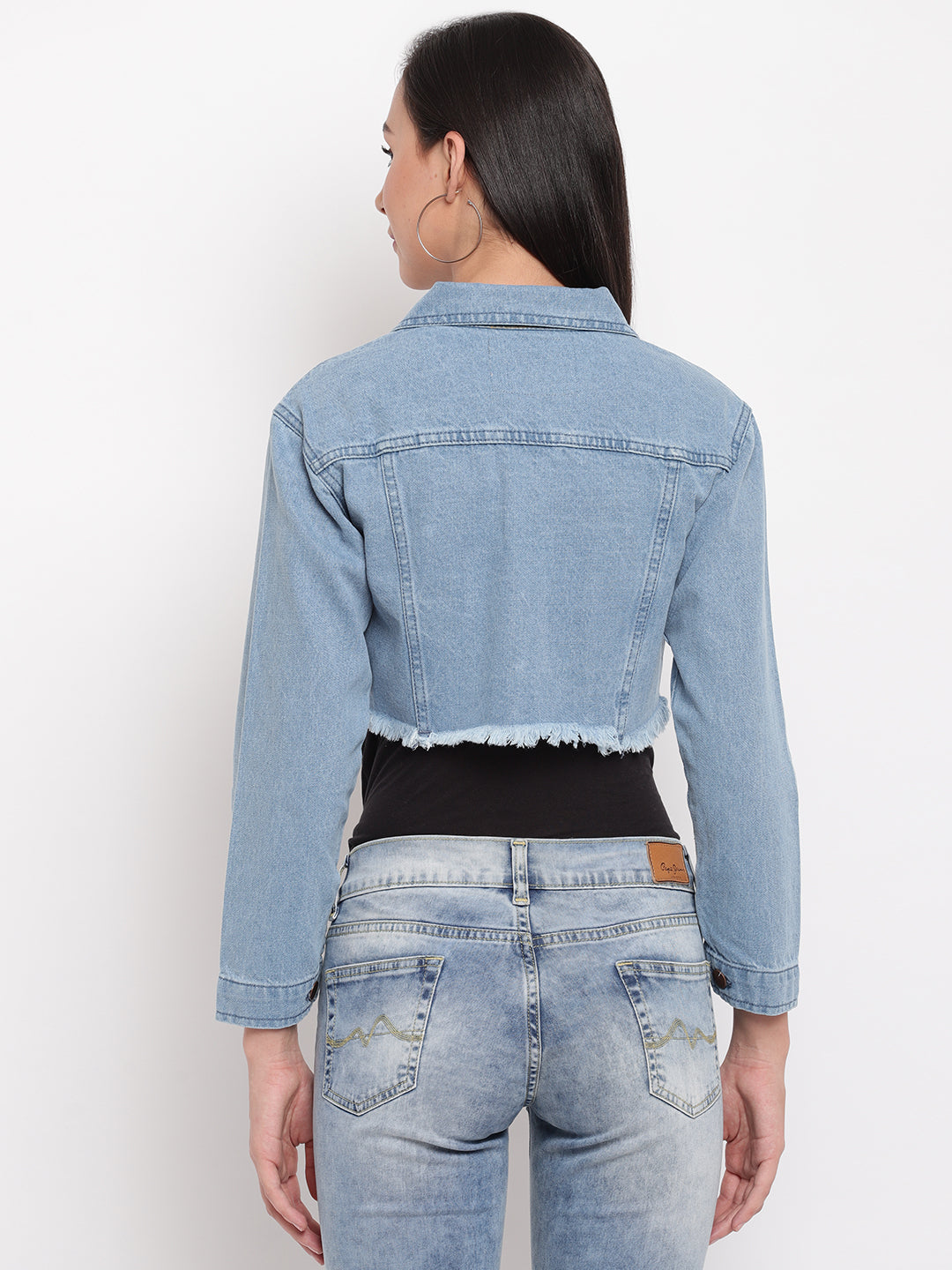 Women Light Blue Cropped Denim Jacket