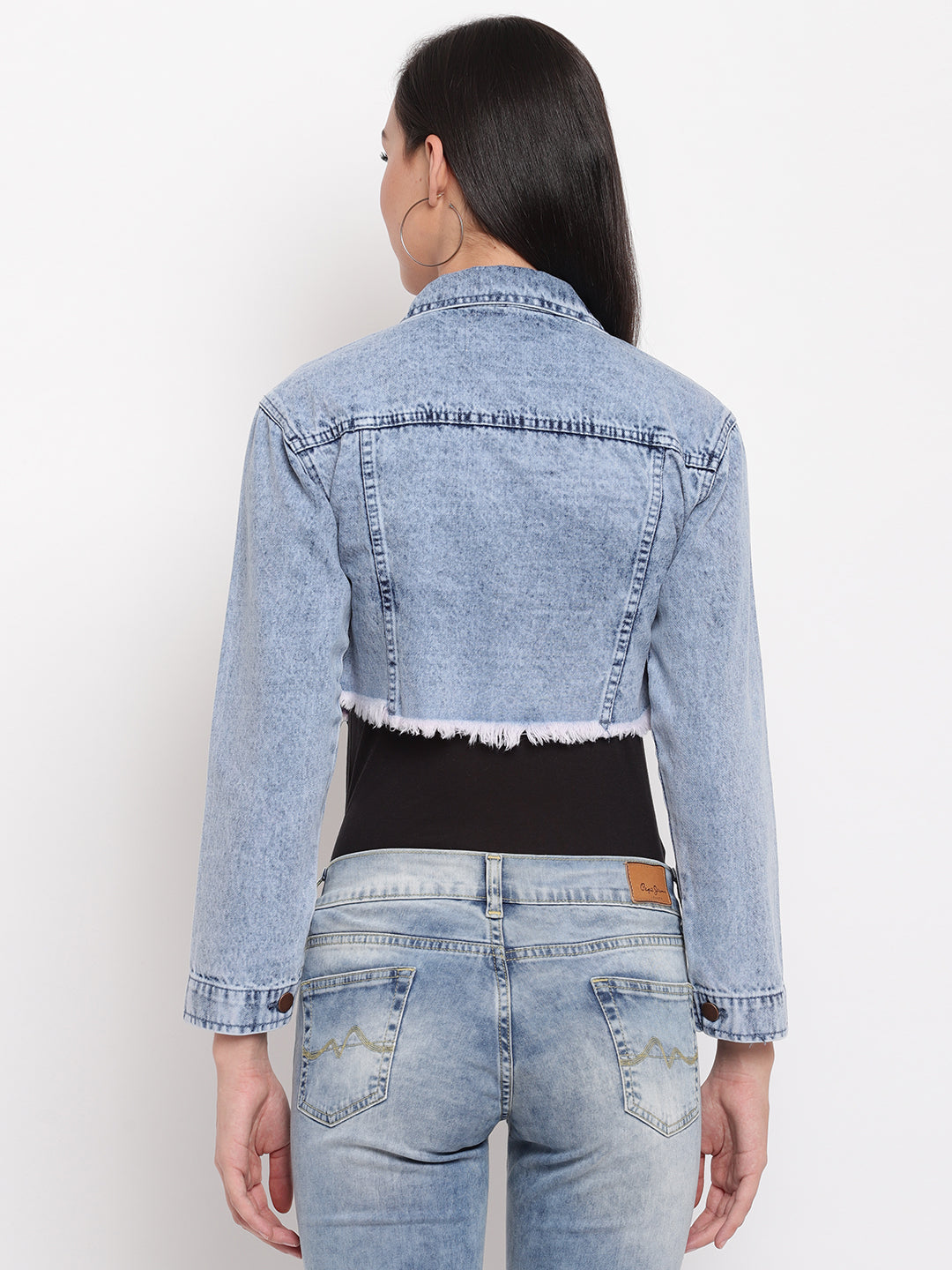 Women Light Blue Fray Hem Cropped Denim Jacket