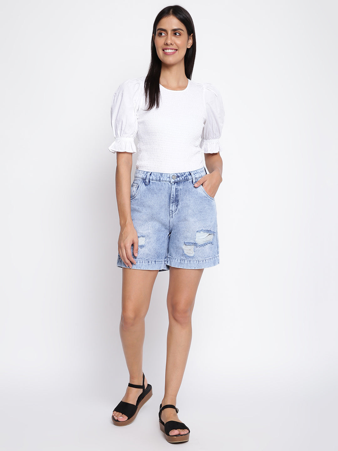 Women Light Blue Distressed Denim Shorts