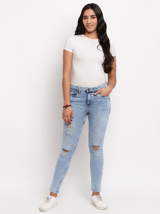 Women Light Blue Skinny Fit Distressed Denim Jeans