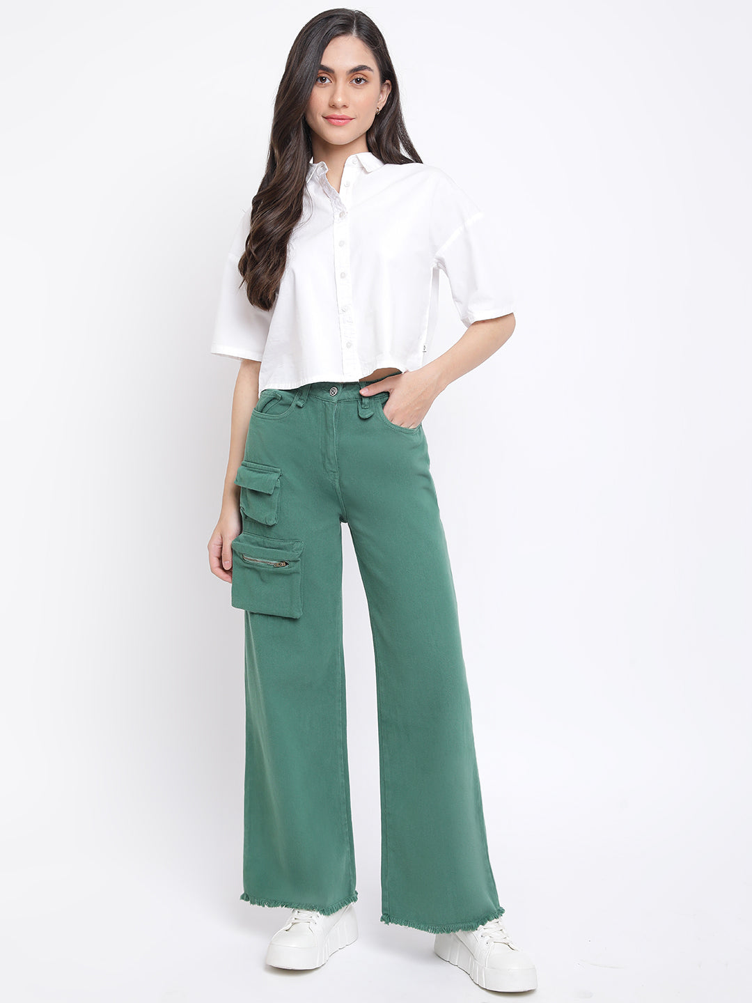 Women Pine Green Denim Cargo