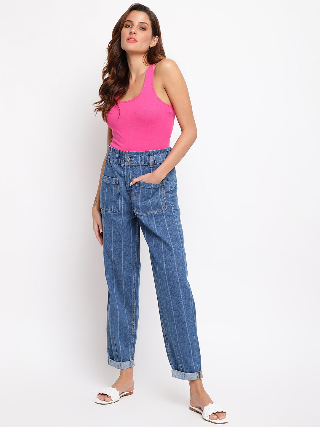 Women Striped Denim Mom Fit Jeans