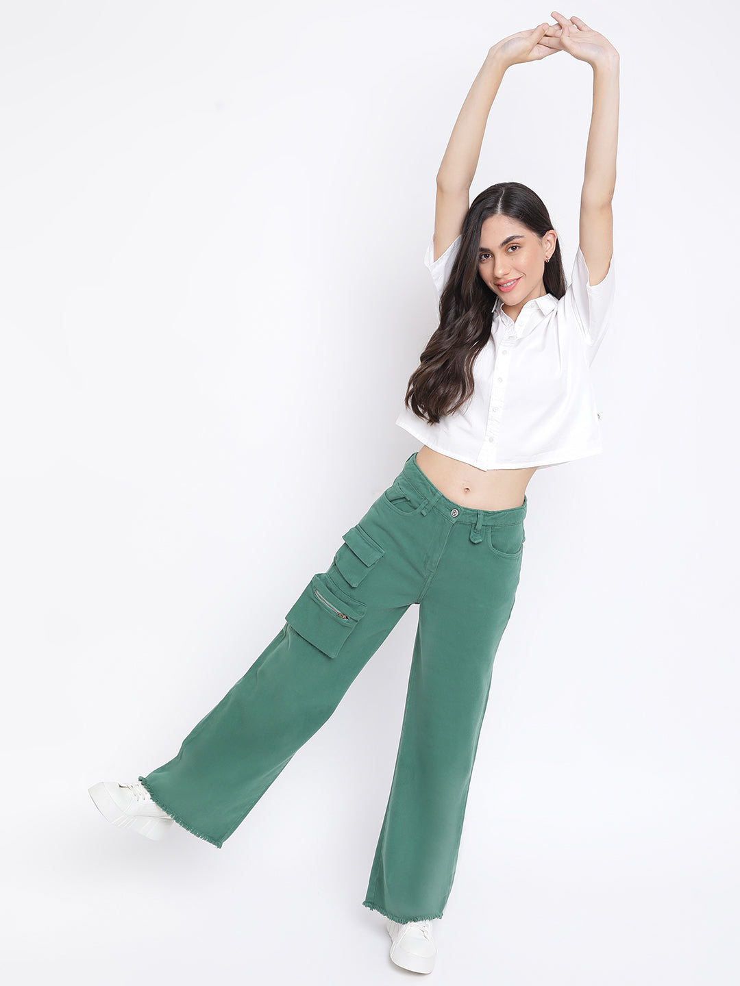 Women Pine Green Denim Cargo