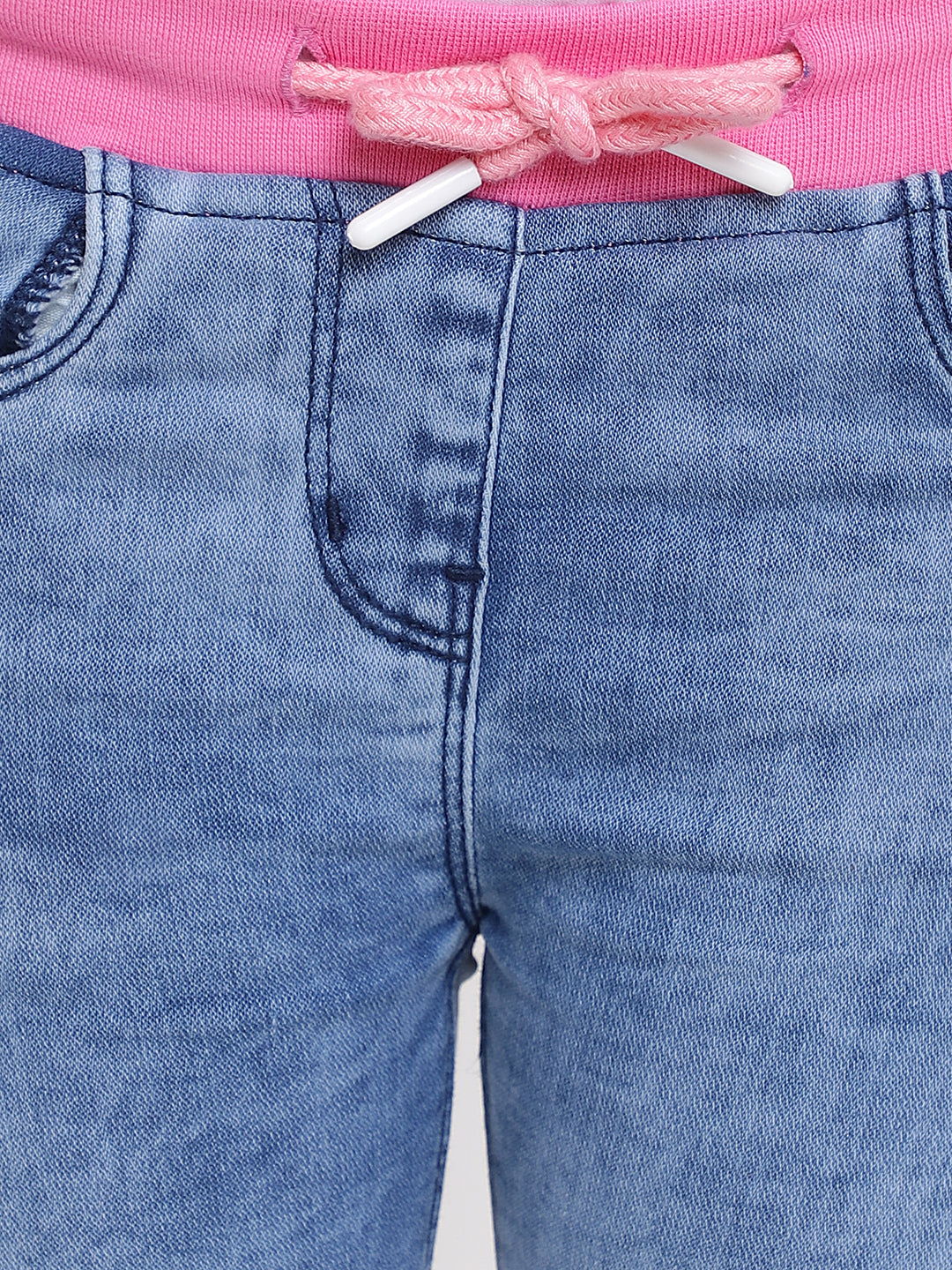 GIRLS SLIM FIT LIGHT BLUE CAPRI WITH PINK WAISTBAND
