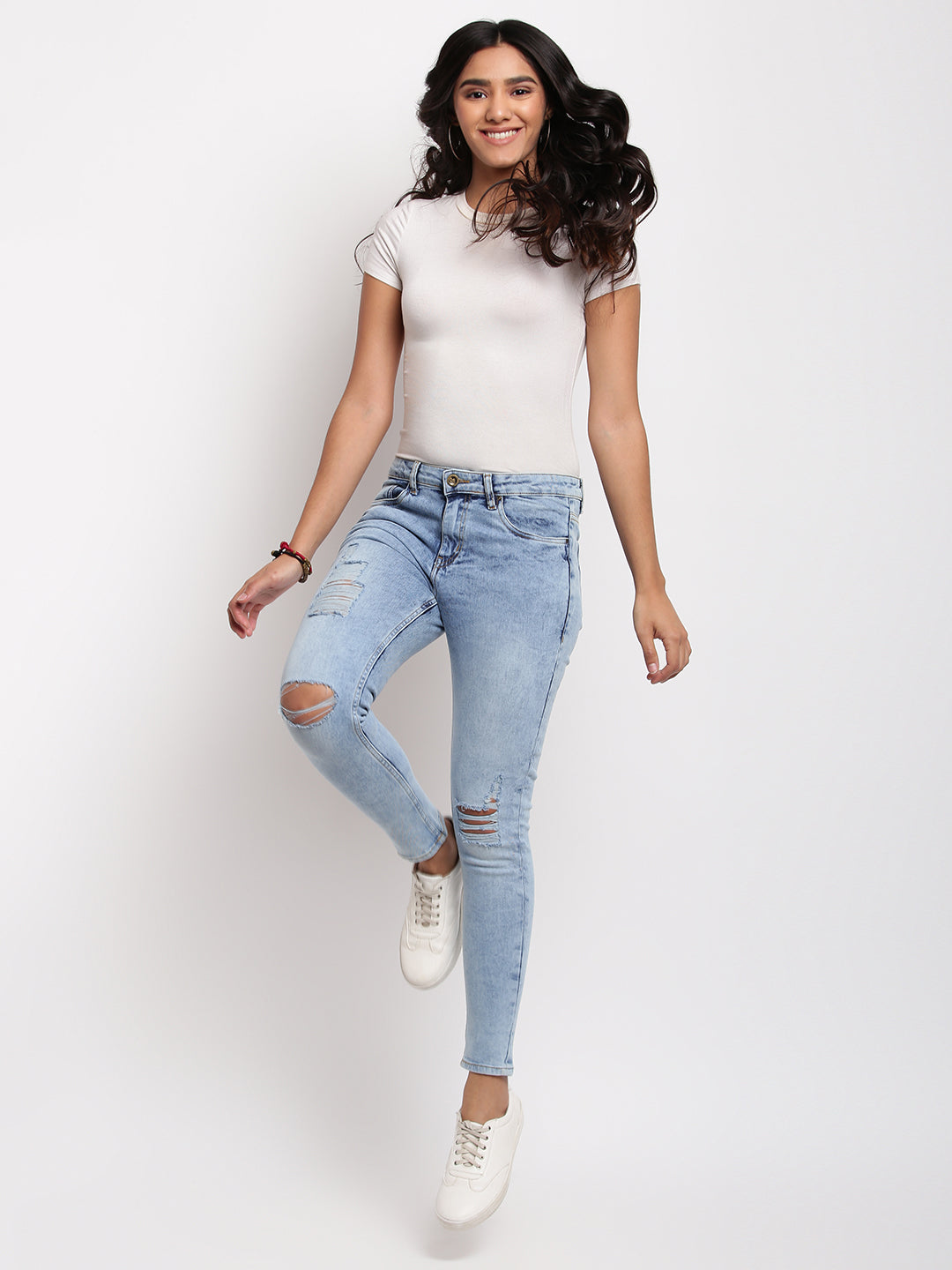 Women Light Blue Skinny Fit Distressed Denim Jeans